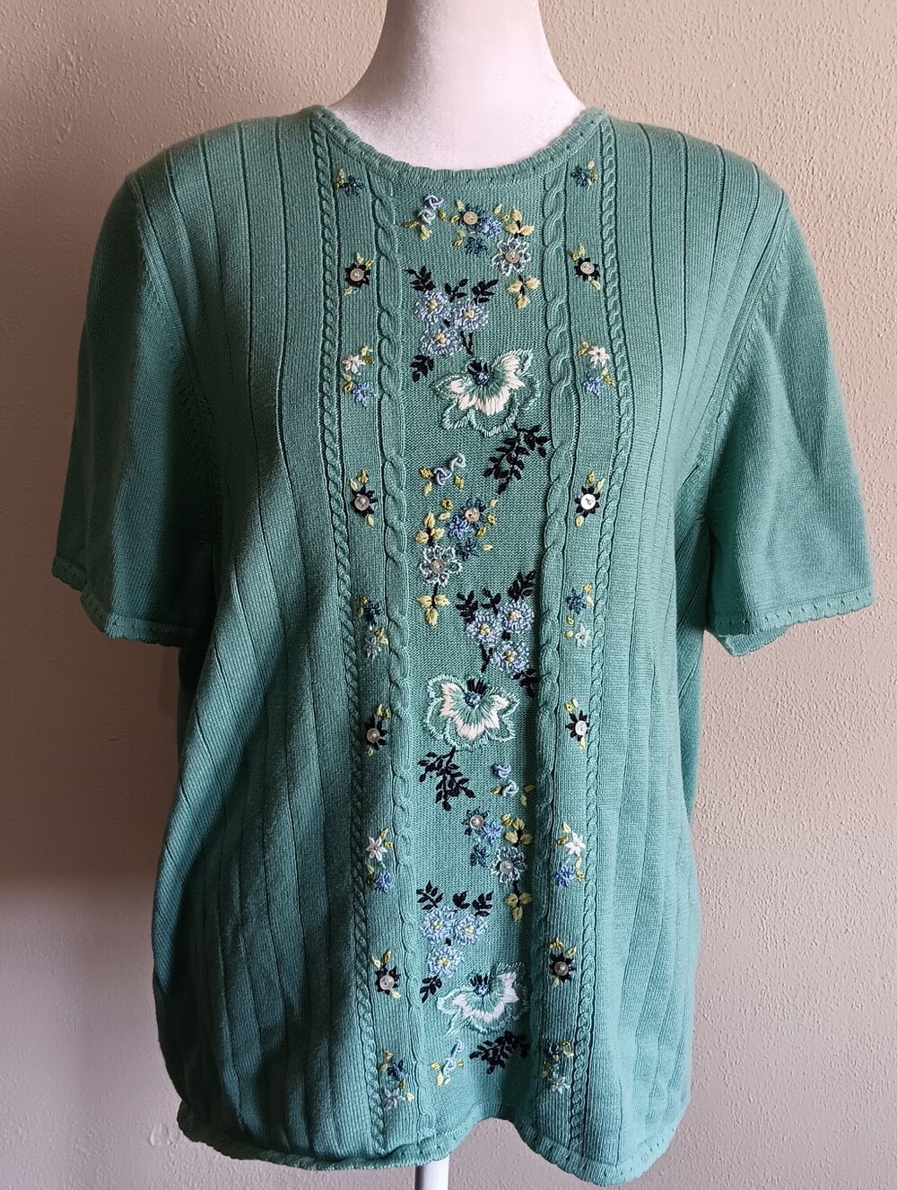 90s Embroidered Cottagecore Alfred Dunner Mint Green Short Sleeve Knit Shirt LRG